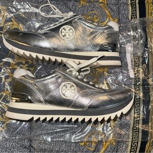 Tory Burch Sawtooth Metallic Platform Lace-Up Sneakers Sz 9M EUC